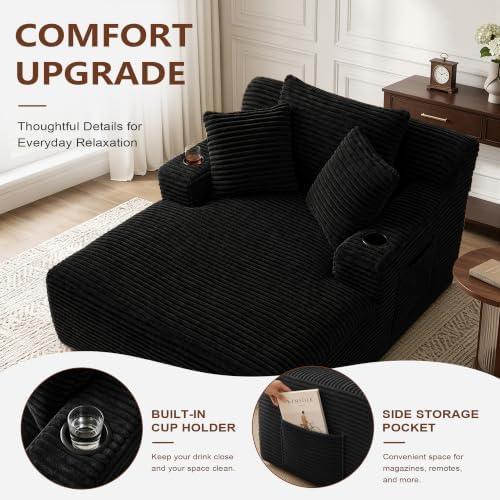 66" Chaise Lounge Chair Indoor, Corduroy Upholstered Reading Chair Oversized Boneless Chair with Deep Seat, Cloud Lounge Chair with 3 Pillows for Living Room, Bedroom, No Assembly Required