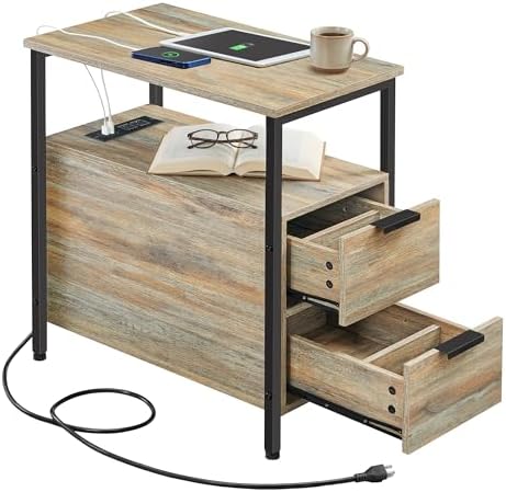 VASAGLE Side End Table with Charging Station, Slim Nightstand with Storage