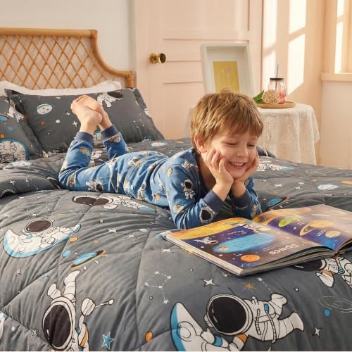 JSD 3 Piece Grey Astronaut Space Theme Kids Comforter Set Queen Size