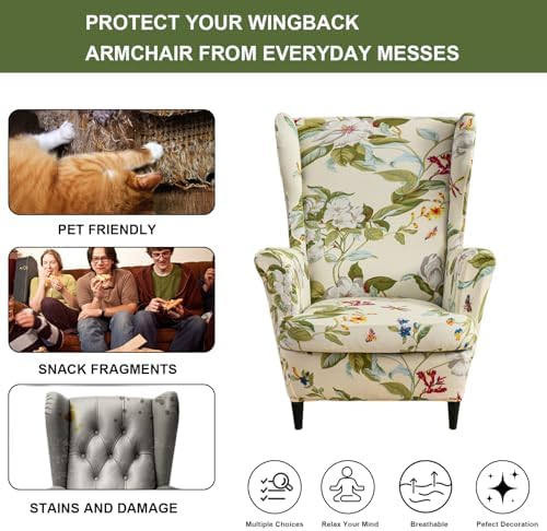HAOYONG Wing Chair Slipcovers Printed Wingback Chair Covers 2 Pieces Wingback Armchair Slipcover Stretch Chair Slip Covers Washable Armchair Protector Cover for Living Room and Bedroom