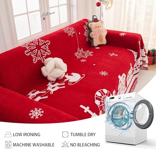 MEETSKY Christmas Couch Covers for 3 Cushion Couch Sofa, Washable Sofa Slipcover Chenille Red Couch Protector Covers for Sectional Sofa Fit for 3 Seat, Thick Soft Sofa Covers for Dogs, 71" x 134"