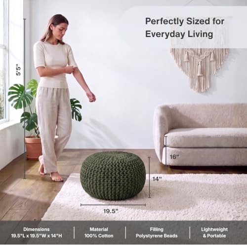 · REDEARTH · Round Pouf Ottoman - Hand Knitted Boho Poof Footrest - Olive