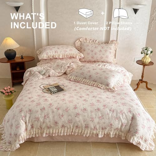 Pink Flower Duvet Cover Set Muslin Cotton Queen(90"x90"),Rose
