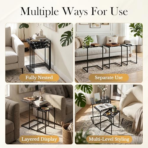 SUPER DEAL Nesting Tables Set of 3, Industrial C Shaped End Table Stackable Coffee Table Heavy Duty Metal Frame for Small Space, Living Room, Bedroom, Side Table Tray for Laptop Snack, Black