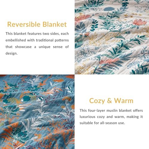 Bailix Boho Throw Blanket, 100% Cotton, Woven Floral Pattern, 50"x60"