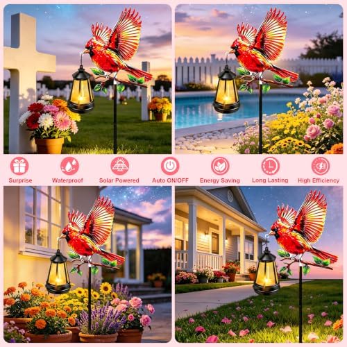 EDOF Red Cardinal Bird Metal Garden Stakes with Solar Lights Outdoor Decor,Cardinal Memorial Christmas Birthday Gifts for Women Mom,Waterproof Decorative Stakes Lights for Yard Patio Porch Cemetery
