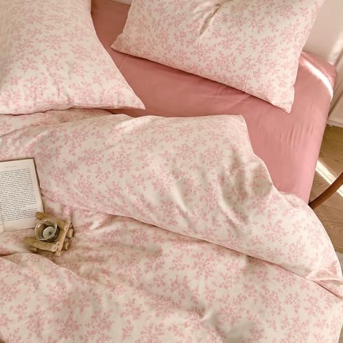 AOJIM Pink Floral Duvet Cover Set TwinXL Size 3 Piece Cotton Double-Layer Gauze Comforter Cover and 2 Pillowcases Soft Breathable Aesthetic Bedding Duvet Cover Chic Floral Print Kids Duvet Protector