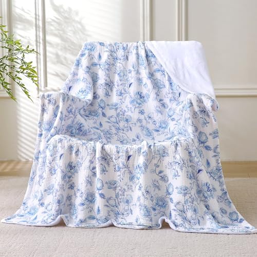 Muslin Blankets for Adults Reversible Throw Fleece & Gauze, Soft Cozy Lightweight Breathable Blue Floral Blanket for Bed Couch, Double Layer Muslin Throw Cover 90"x108"