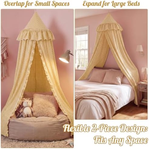 SmoothNovelty Gingham Plaid Bed Canopy, Yellow White, Round