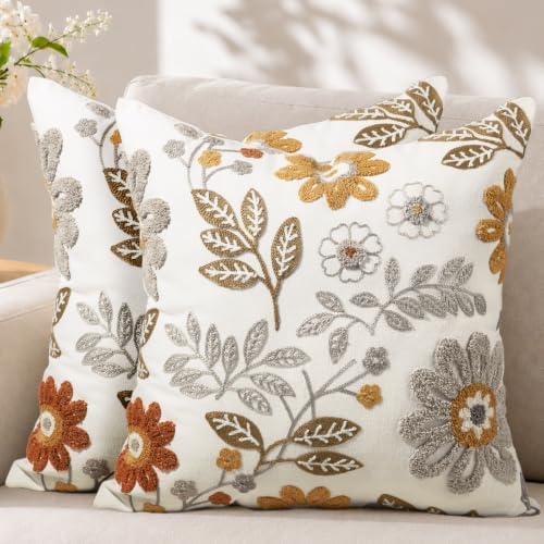 Fall Embroidered Throw Pillow Covers 18x18, Set of 2, Amber Blooms