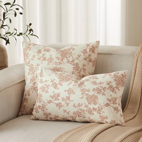 2 Pack French Floral Lumbar Pillow Covers 12x20in, Terracotta/Cream
