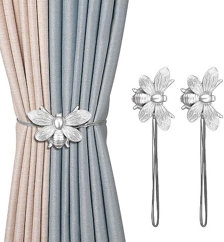 Curtain Holdbacks Set of 2, Gift, Resin Magnetic Curtain Tiebacks Silver Flying Bee Curtain Holders, Decorative Curtain Ties for Drapes, Outdoor Home Office Farmhouse, Curtain Decorative Accessories