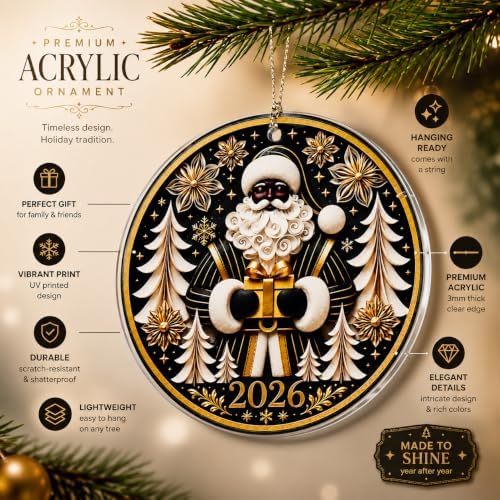 Black Santa Christmas Ornament for Christmas Tree Decorations 2026, Elegant Black Santa Holding a Golden Gift with Winter Forest Design, Heartwarming Holiday Keepsake Gift for Family and Friends