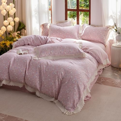 LifeTB Pink Floral Duvet Cover Twin XL, Muslin Cotton Romantic Ruffle Duvet Cover with 2 Pillowcases, Botanical Flower Soft Gauze Comforter Cover, Cottagecore Style Princess Lace Bedding Set