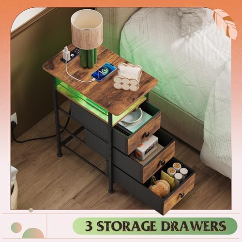 WLIVE Night Stand with Charging Station, End Table with 3 Fabric Drawers
