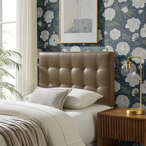 Modway Lily Faux Leather Twin Size Headboard with Biscuit Tufting in Mushroom - Vegan Leather Upholstery with Padded Design and 5 Height-Adjustable Mounts