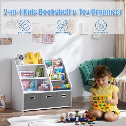 Kids Bookshelf and Toy Storage Drawers & Side Sling Book Rack