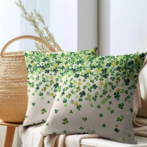 St. Patrick's Day Pillowcase 16x16 Inch 2 Pack Shamrocks Lucky Clover Throw Pillow Covers Saint Patrick Day Spring Cotton-Linen Square Cushion Cases Holiday Themed Gifts for Home Couch Bedroom