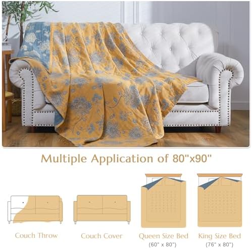 jinchan 100% Cotton Muslin Blanket Queen Boho Bed Blanket 80x90 Yellow/Blue