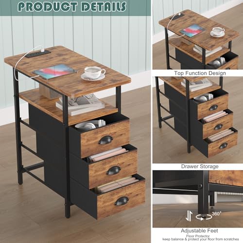 sthmec End Table with Charging Station,LED Side Tables with USB Ports and Outlets,Narrow Nightstands Bedside Tables with 3 Fabric Drawers for Small Space,Slim Sofa Table for Livingroom, Rustic Brown