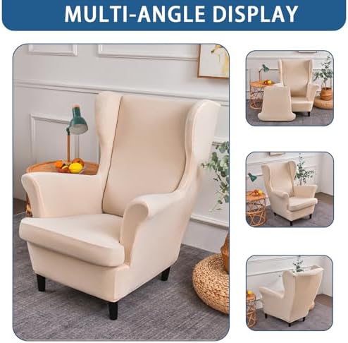 Wingback Chair Slipcover 2 Piece Stretch Armchair Cover Furniture Protector Washable Spandex Wing Beige Chair Covers for Living Room