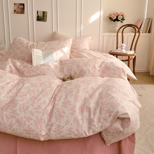 Pink Floral Duvet Cover Set King Size 3PCS Cotton Double-Layer Gauze Comforter Cover and 2 Pillowcases Soft Breathable Aesthetic Bedding Duvet Cover for Kids Adults Chic Floral Print Duvet Protector