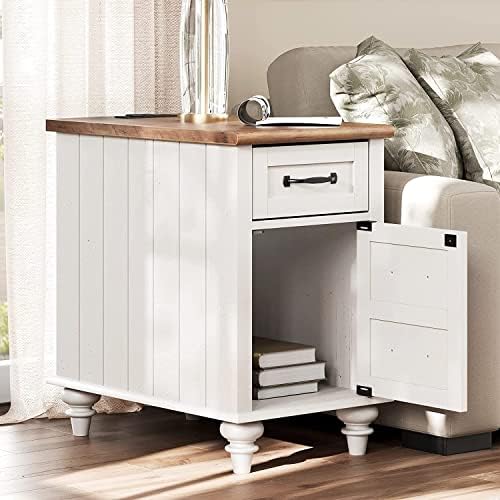 WAMPAT Side Table with Charging Station, Farmhouse Nightstand, Off White