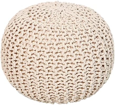 · REDEARTH · Round Pouf Ottoman - Hand Knitted Boho Poof Footrest - Ivory