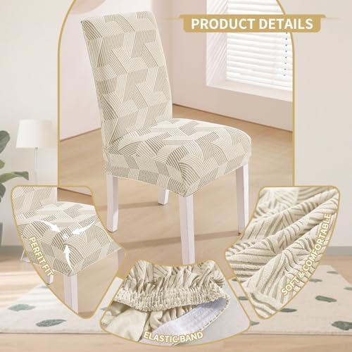 JIVINER Stretch Dining Chair Slipcovers Set of 2, Geometrical Jacquard Dining Chair Covers, Washable Kitchen Chair Covers for Dining Room, Hotel, Party, Beige