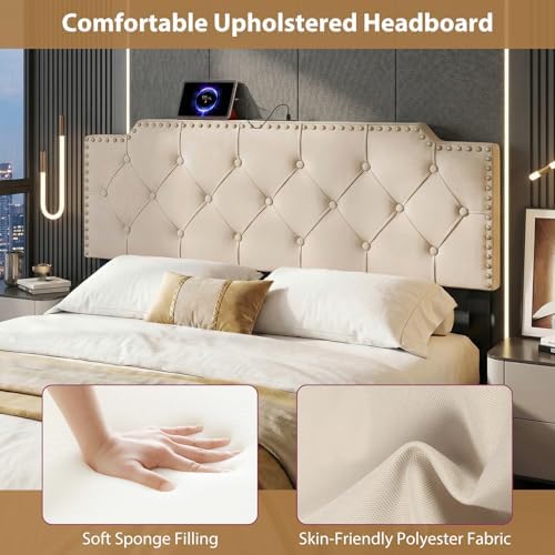 GIANTEX Headboard with Charging Station, Queen/Full Size Rivet Tufted Upholstered Head Board w/2 AC Outlets, USB & Type-C Ports, Rubber Wood Legs, Width Adjustable Modern Bed Headboard Only (Beige)