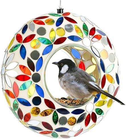 6 Inch Mosaic Glass Fly Through Bird Feeder for Outdoors, White