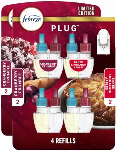 Febreze Odor-Fighting Fade Defy PLUG Air Freshener Baked Cinnamon Apple,Cranberry Crumble,.87 fl. oz. Oil Refill,(Pack of 8)