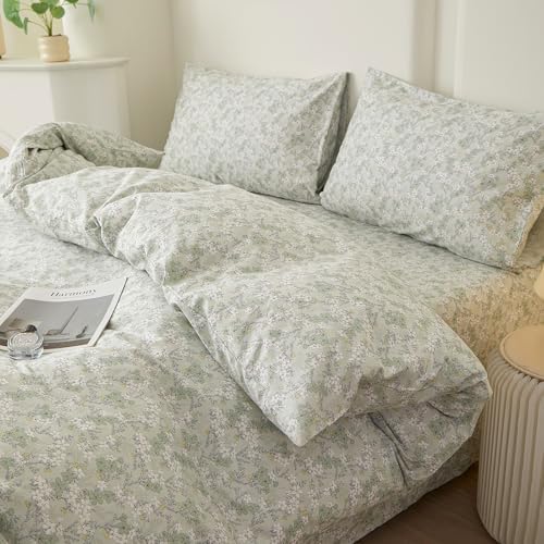 HighBuy Green Floral Duvet Cover Set King 100% Cotton Soft,Boho Chic Cottagecore White Floral Bedding Comforter Cover Set Vintage Decor Design -(1 Duvet Cover with 2 Pillow Shams)