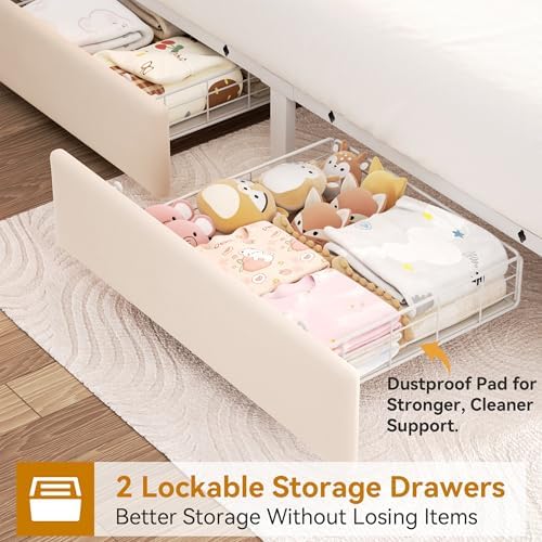 Full Upholstered LED Bed Frame with 2 Storage Drawers and 2-Tier Storage Headboard, Velvet Princess Platform Bed with Charging Station & Bookcase,Heavy Duty Metal Support,No Box Spring Needed,Beige