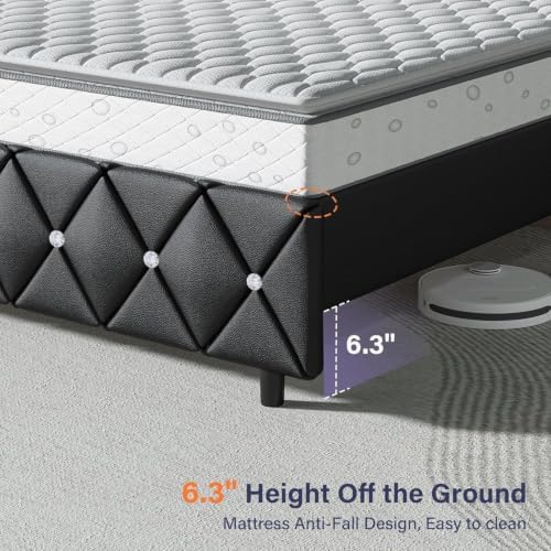 HOMBCK King Size Bed Frame with Headboard, Diamond Tufted Design, Black