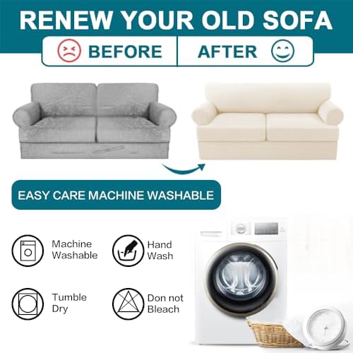 Turquoize 3 Piece T Cushion Loveseat Slipcovers Sofa Cover for 2 Cushion Couch Cover Washable Sofa Slipcover Furniture Covers with 2 Individual T Cushion Seat Covers (2 Cushion Loveseat, Cream)
