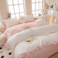 Pink Floral King Size Duvet Cover with Ruffle 100% Cotton Comforter Cover 3 Pcs, Teen Girls Chic Aesthetic Duvet Cover with Zipper Closure, Princess Bedding Sets 104"x90"