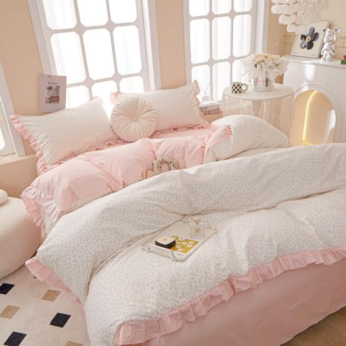 Pink Floral King Size Duvet Cover with Ruffle 100% Cotton Comforter Cover 3 Pcs, Teen Girls Chic Aesthetic Duvet Cover with Zipper Closure, Princess Bedding Sets 104"x90"