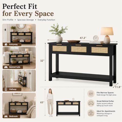 Luoxiao Rattan Console Table 3-Drawer 47" Narrow Black Entryway Sofa Table