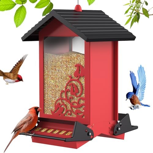 Squirrel Proof Bird Feeder for Outdoor Hanging,Metal Bird Seed Feeder with Bilateral Weight Activated Perches,5LB Large Capacity Wild Bird Feeders for Outside,Easy Refill and Clean,Red
