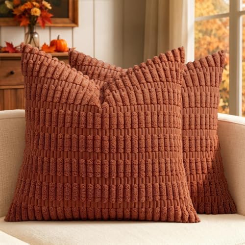 MIULEE Fall Corduroy Decorative Throw Pillow Covers 16x16 Rust Pack of 2