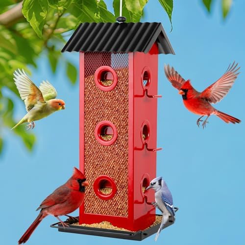 All Metal Bird Feeder for Outdoors Hanging | 14-Port Multi-Bird Viewing | Rust-Proof, Waterproof & Easy-Clean | Attracts Cardinals, Finches, Chickadees & More (Cardinal with Black Base)
