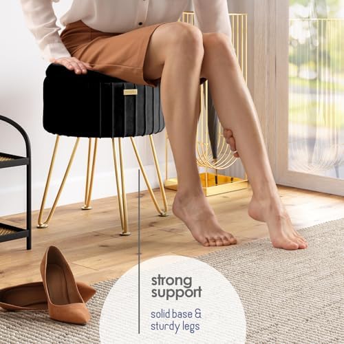 Round Ottoman with Storage, Pleated Velvet Storage Ottoman, Foot Stool Ottomans, Makeup Vanity Stool, Small Ottomans Foot Rest, Modern Vanity Stools for Living Room and Bedroom, Black