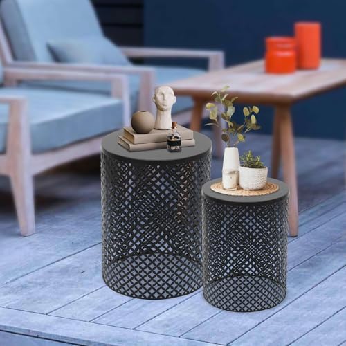 Metal Frame Accent Table,Cylindrical Outdoor Side Table,Decorative Garden Stool,Set of 2 Nesting Side Table,Modern Decorative Garden Stool for Patio Balconies Cafes Parks (2, Black)