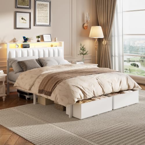 Furnulem White Queen Bed Frame with PU Upholstered Headboard & 2 Drawers