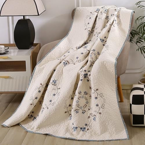 vctops 100% Cotton Quilted Throw Blanket 50x60 Inch Floral Embroidered Reversible Patchwork All Season Throw (Blue,50"x60")