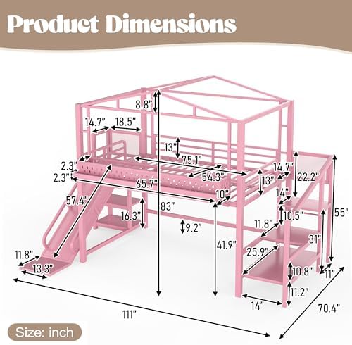 Bellemave Full Size Metal House Loft Bed with Slide and Stairs,Heavy Duty Playhouse Loft Bed Frame with Shelves,LED Lights and Charging Station for Kids,Teens,Adults,Pink