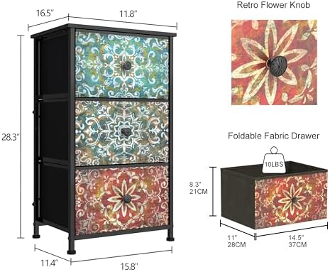 GiftGo Retro Dresser with Fabric Drawers Boho Mandala Flower Chest of Drawers Narrow Storage Tower for Small Spaces Gaps Bedroom Beautiful Nightstand Living Room Table (Mandala, 3 Drawers)