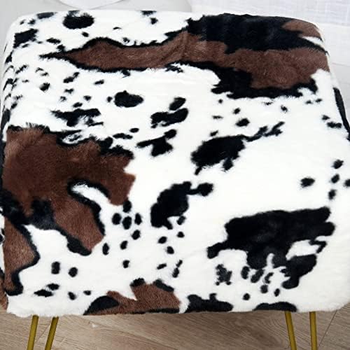 Cow Square Faux Fur Ottoman 17"x17"x17" Soft Fuzzy Entryway Bench Seat Sturdy Accent Coffee Table for Living Room Make Up Vanity Shoe Stool with Golden Legs for Bedroom Closet Foot Rest