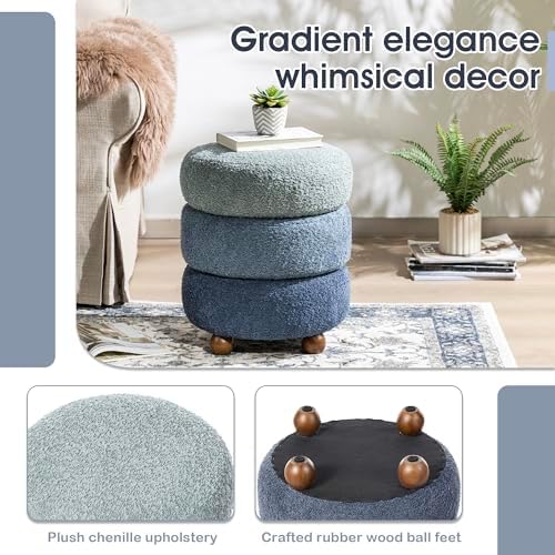 Glitzhome Round Ottoman with Storage Set of 2 Vanity Stool Foot Rest with Removable Lid Modern Upholstered Velvet Storage Ottoman Stool for Living Room and Dorm, Gradient Blue